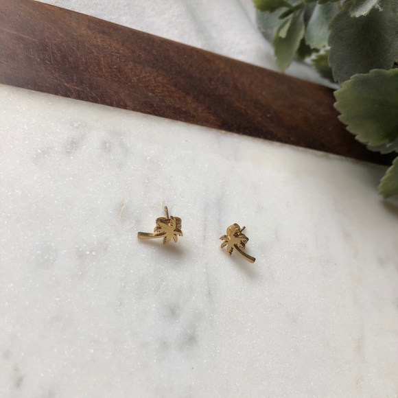 Palm Tree Gold Stud Earrings - Picture 2 of 5
